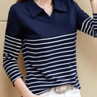 Women's striped color matching design long-sleeved POLO shirts fashion casual knitted tops can not be dry cleaned