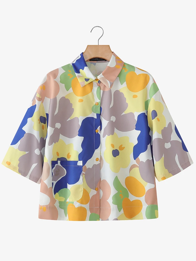 ZANZEA Beach Style Floral Print Shirts for Women Summer Three Quarter Sleeve Collared Shirt Casual Holiday Button Up Tops S-3XL - Image 3