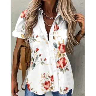 Summer Women Simple Shirt 2025 New Floral Digital Print Button-Down Shirt Tops Women Chic Hawaiian Beach Vacation Casual Blouses