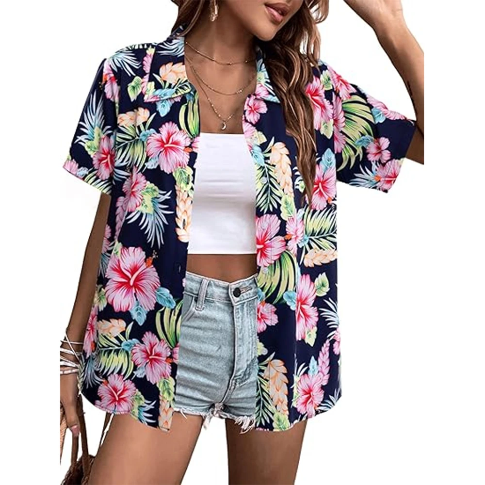 Women Short Sleeve Shirts Hawaiian shirt Floral 3d Printed Basic Shirts Fashion Beach Resort Style Single Breasted Shirts - Image 2