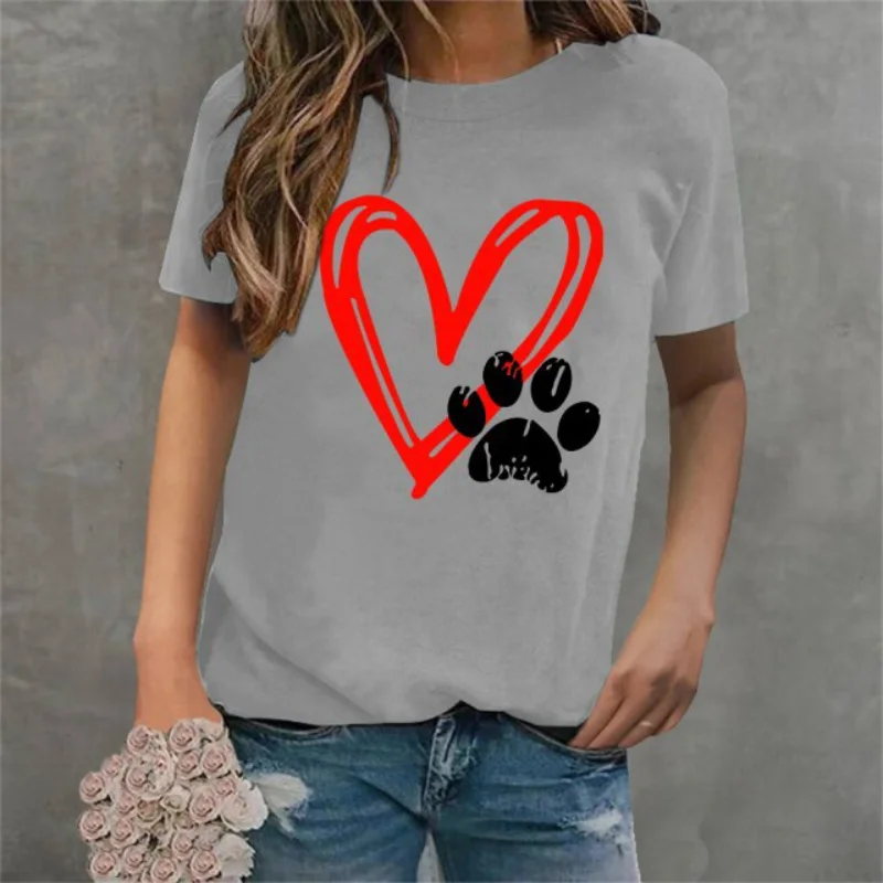 Cotton 100% New Valentine's Day Heart-shaped Checkered Footprint Printed Short-sleeved T-shirt for Casual Women's Summer - Image 4