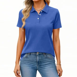 Women's Summer Casual Polo Shirt Button-Down Short-Sleeve Solid Color Collared Top (Double Side Slits), Breathable Shirts