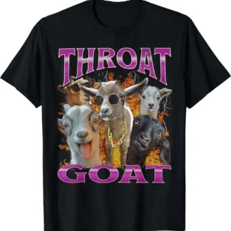 Funny 'Throat Goat' Y2K Pattern T-Shirt - Adult Humor, Short Sleeve, Black Casual Knit Printed T