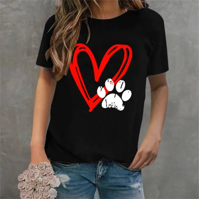 Cotton 100% New Valentine's Day Heart-shaped Checkered Footprint Printed Short-sleeved T-shirt for Casual Women's Summer - Image 2