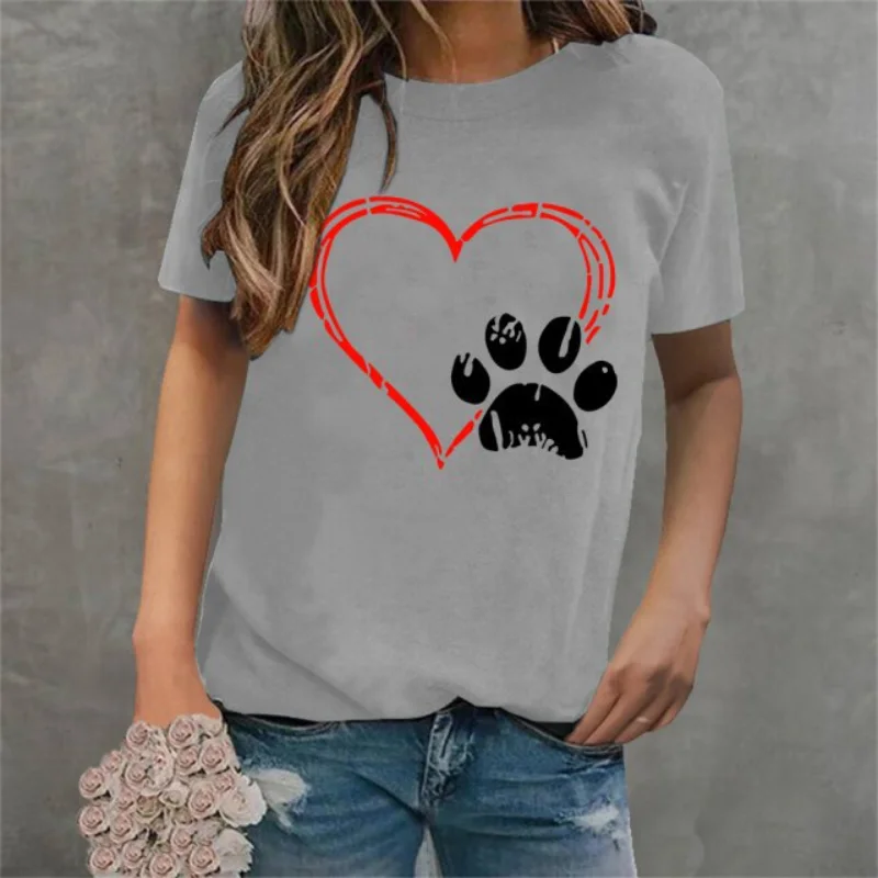 Cotton 100% New Valentine's Day Heart-shaped Checkered Footprint Printed Short-sleeved T-shirt for Casual Women's Summer - Image 3