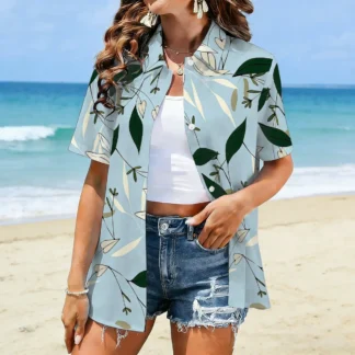 Women's summer tropical plant lapel shirt, literary commuting versatile top, suitable for outdoor casual wear social events.