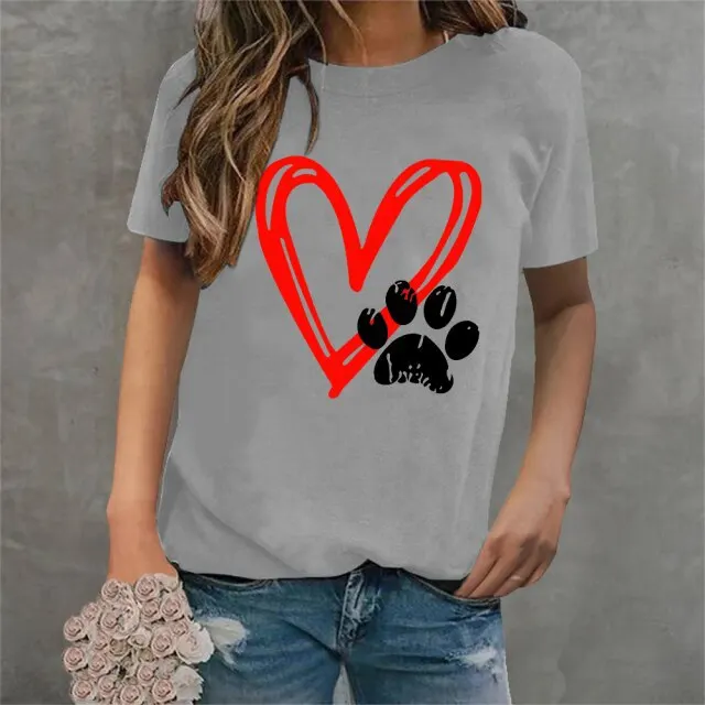 Cotton 100% New Valentine's Day Heart-shaped Checkered Footprint Printed Short-sleeved T-shirt for Casual Women's Summer - Image 5