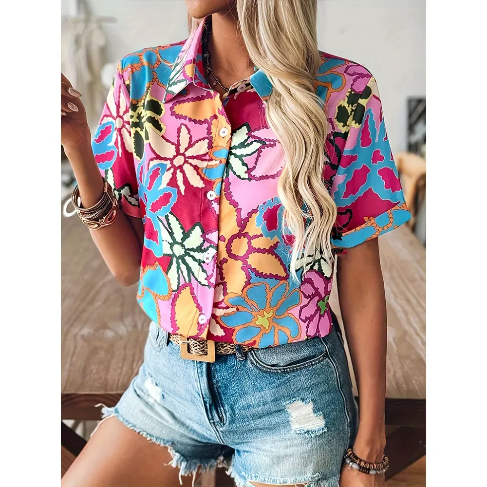 Summer Fashion Women Shirt 2025 New Floral Digital Print Shirt Blouse Top For Women Casual Elegant Hawaiian Beach Vacation Shirt - Image 4