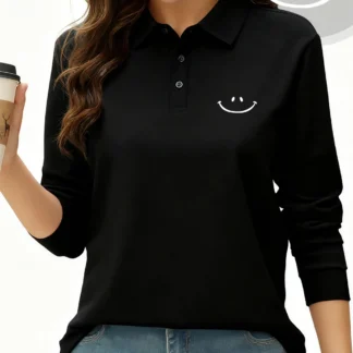 A Big Smiling Face Printing Polo Shirt Womens Sporty Long Sleeves Tops Spring Summer Breathable T-Shirts Casual Womans Clothes