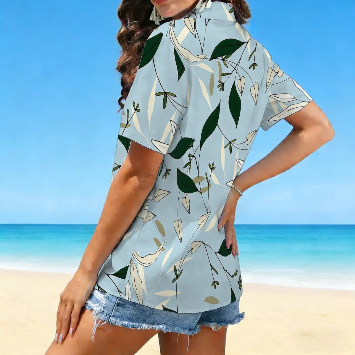 Women's summer tropical plant lapel shirt, literary commuting versatile top, suitable for outdoor casual wear social events. - Image 4