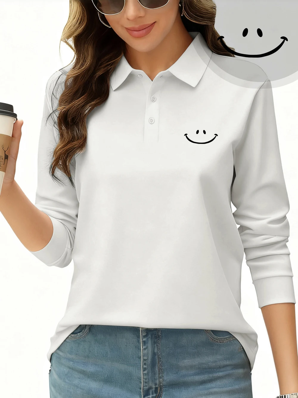 A Big Smiling Face Printing Polo Shirt Womens Sporty Long Sleeves Tops Spring Summer Breathable T-Shirts Casual Womans Clothes - Image 2