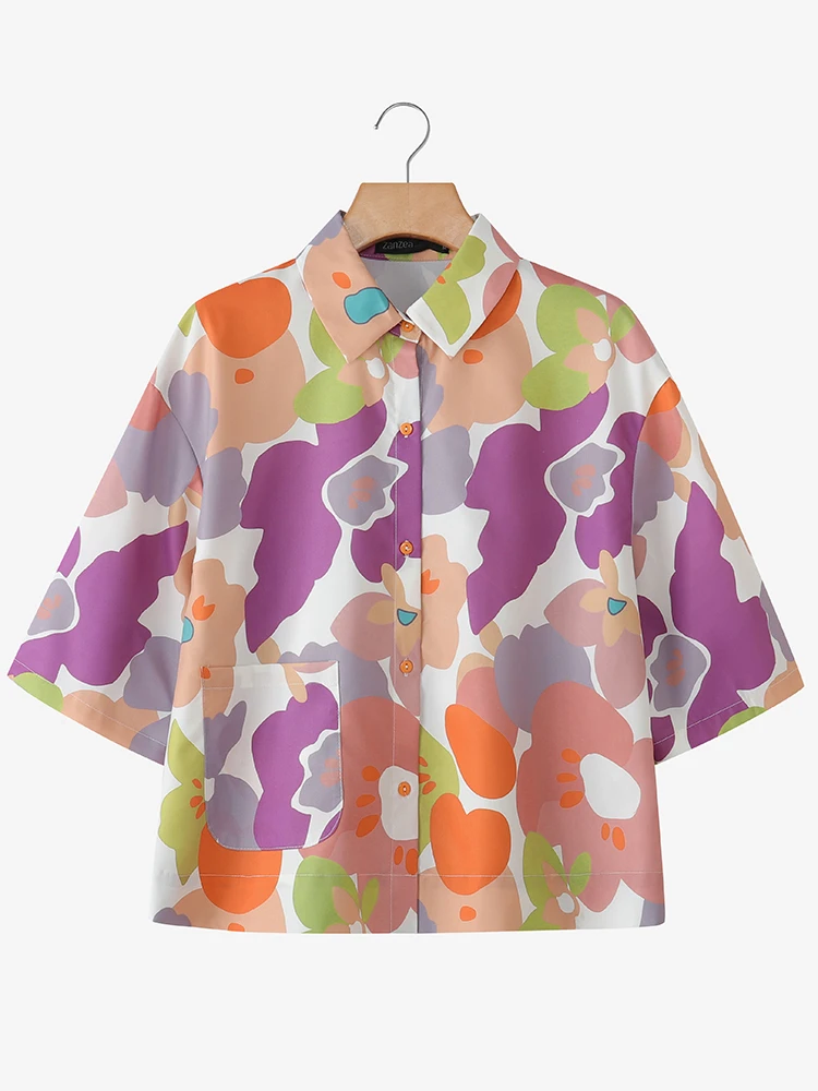 ZANZEA Beach Style Floral Print Shirts for Women Summer Three Quarter Sleeve Collared Shirt Casual Holiday Button Up Tops S-3XL - Image 5