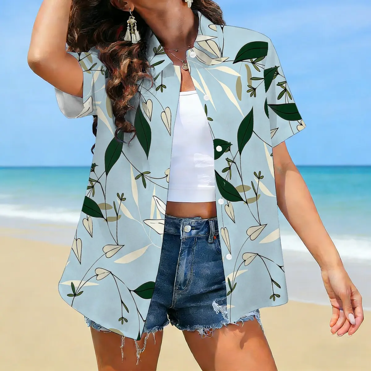 Women's summer tropical plant lapel shirt, literary commuting versatile top, suitable for outdoor casual wear social events. - Image 3