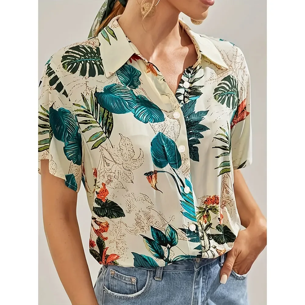 Summer Fashion Women Shirt 2025 New Floral Digital Print Shirt Blouse Top For Women Casual Elegant Hawaiian Beach Vacation Shirt